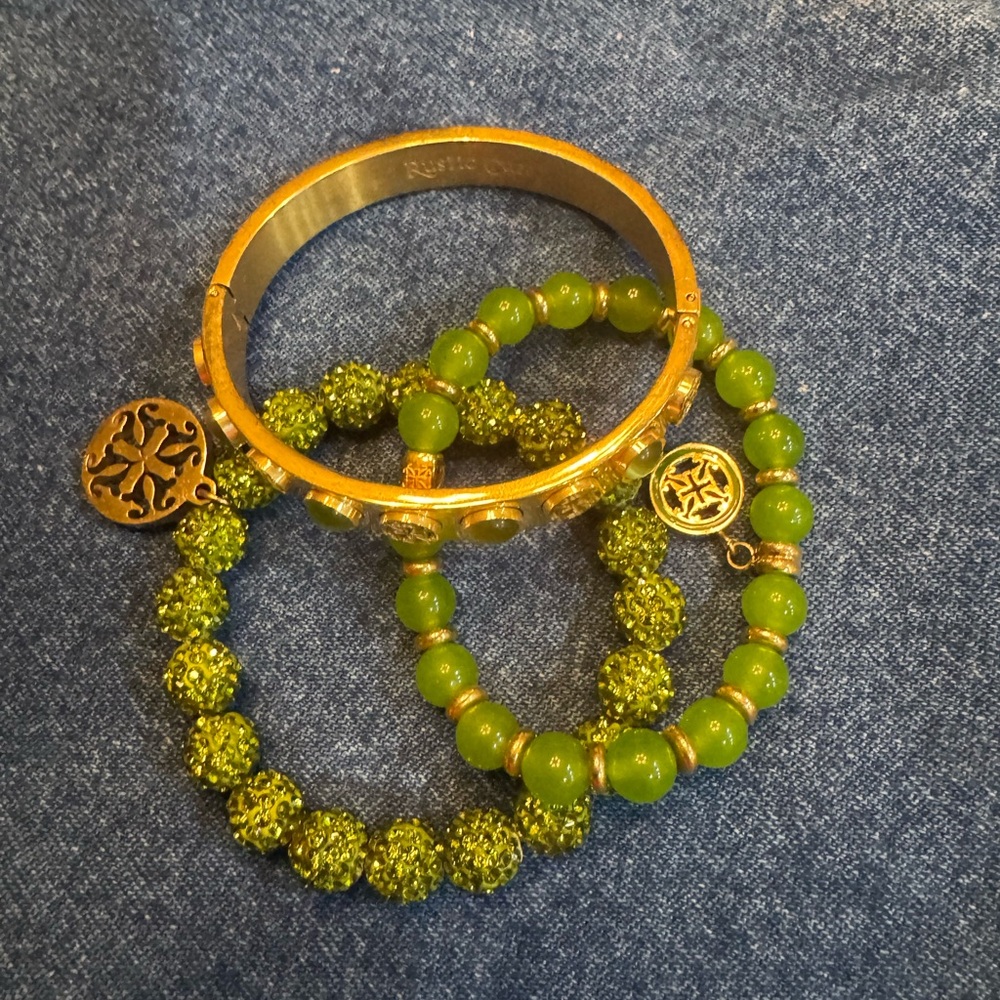 Gold-Tone Bracelet trio with green beads from Rustic Cuff